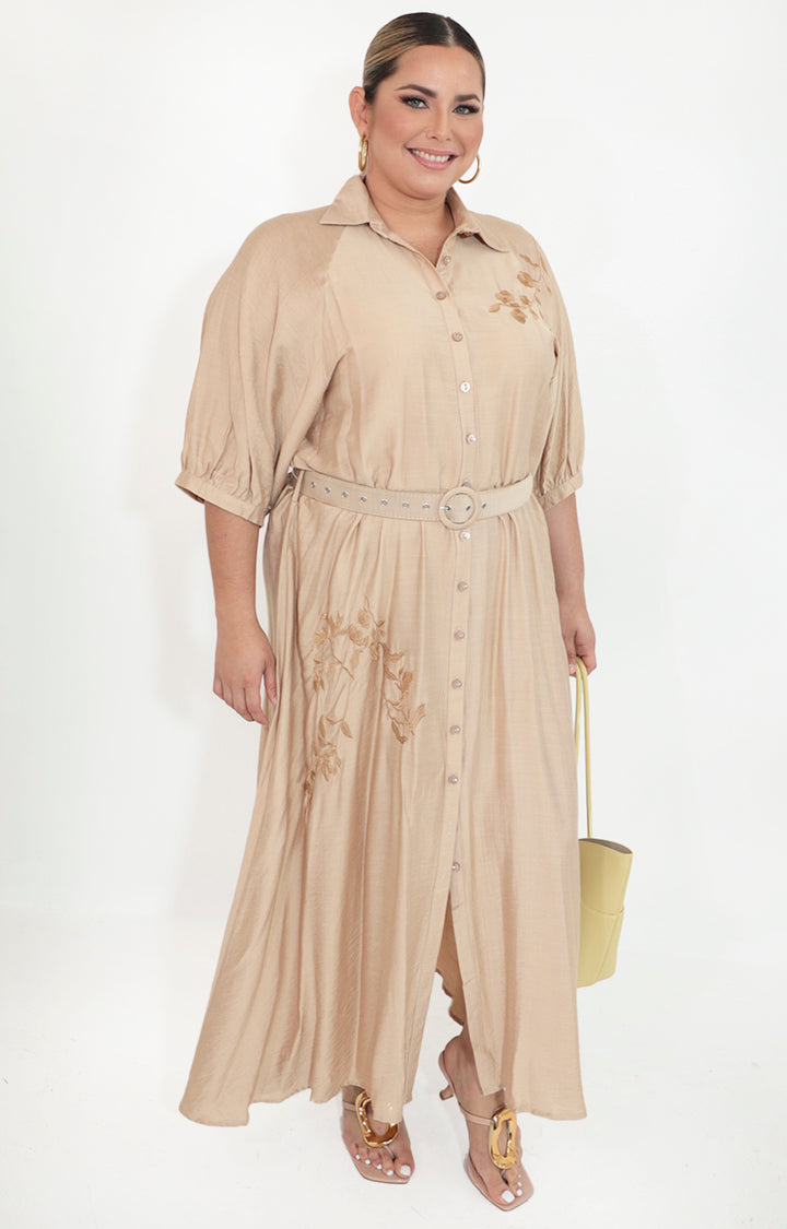 Vestido beige de botones con lazo y bordado - VESTIDO Boutiquemirel 