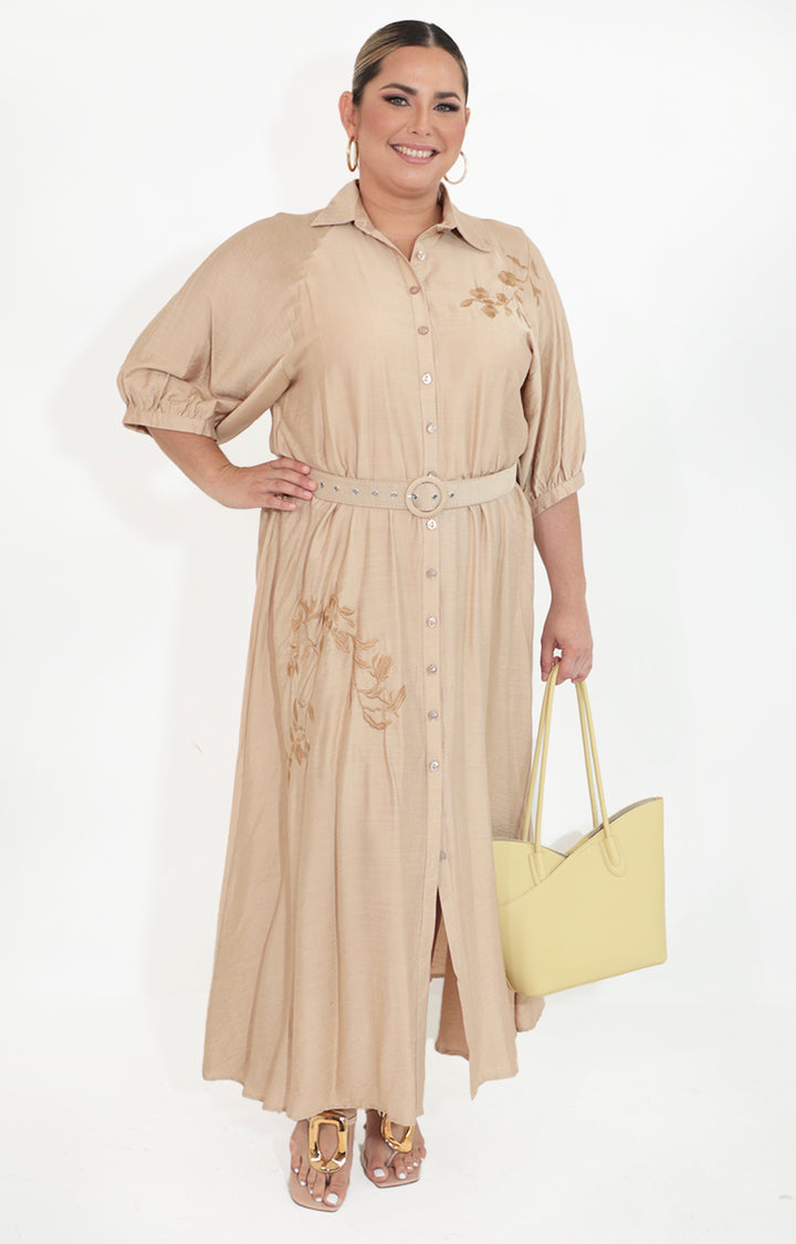 Vestido beige de botones con lazo y bordado - VESTIDO Boutiquemirel 