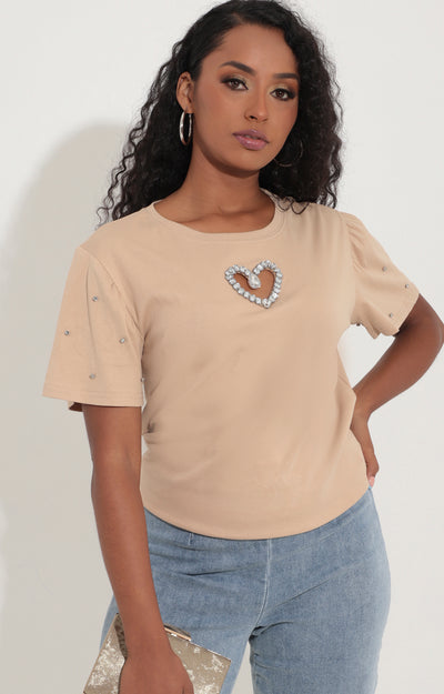 Camiseta beige con corazón brilloso - BLUSA Boutiquemirel 