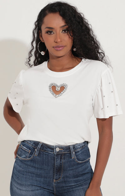Camiseta blanca con corazón de brillos - BLUSA Boutiquemirel 