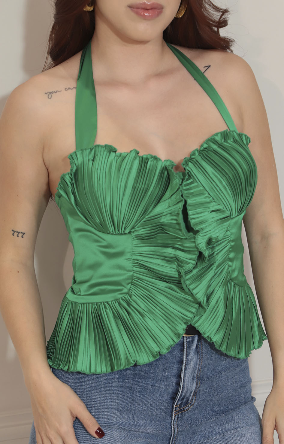 Blusa verde plisada con lazo ajustable - BLUSA Boutiquemirel 