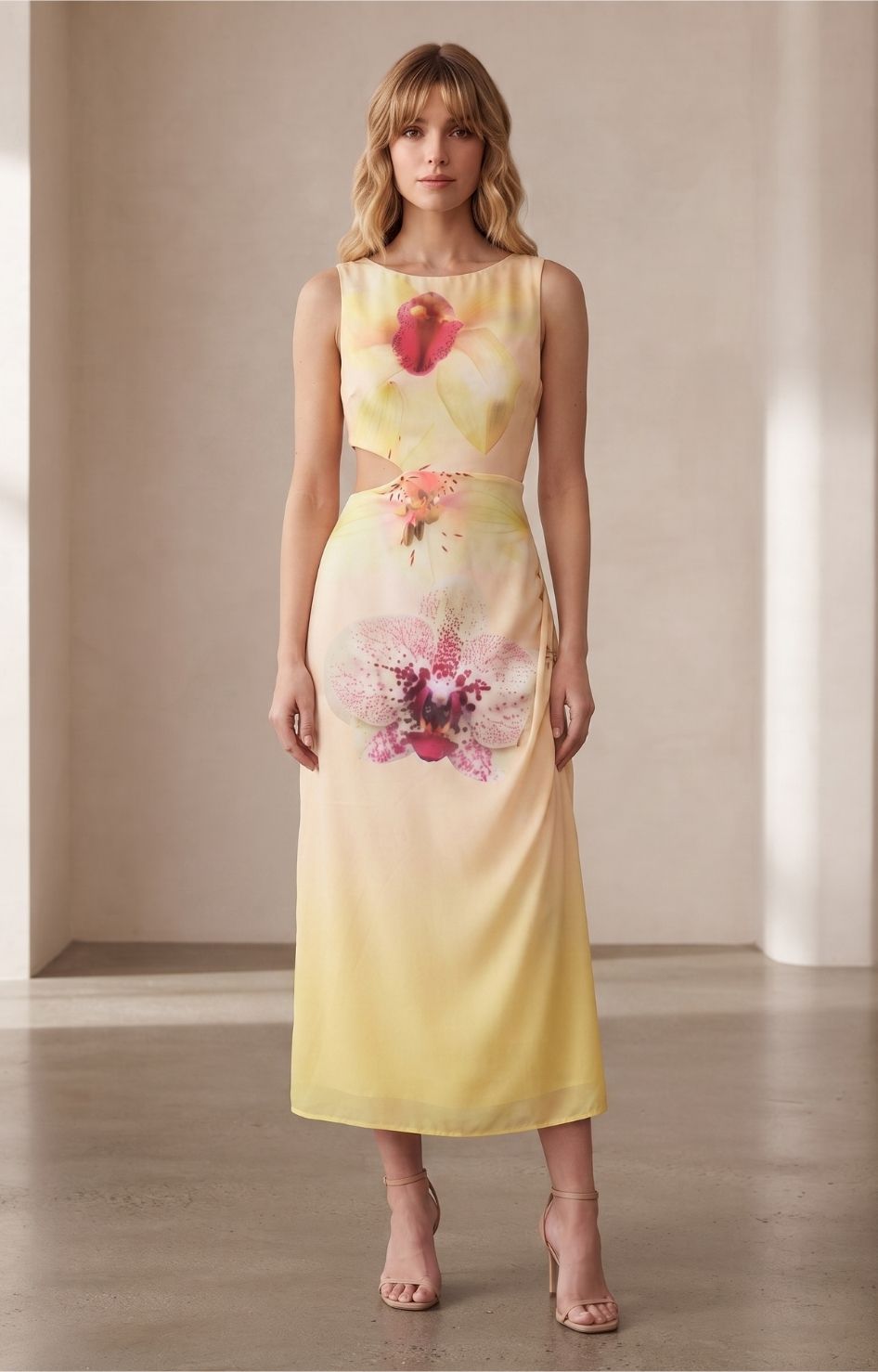 Vestido amarillo con estampado floral y apertura