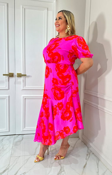 Vestido fucsia con rojo estampado floral – Boutiquemirel