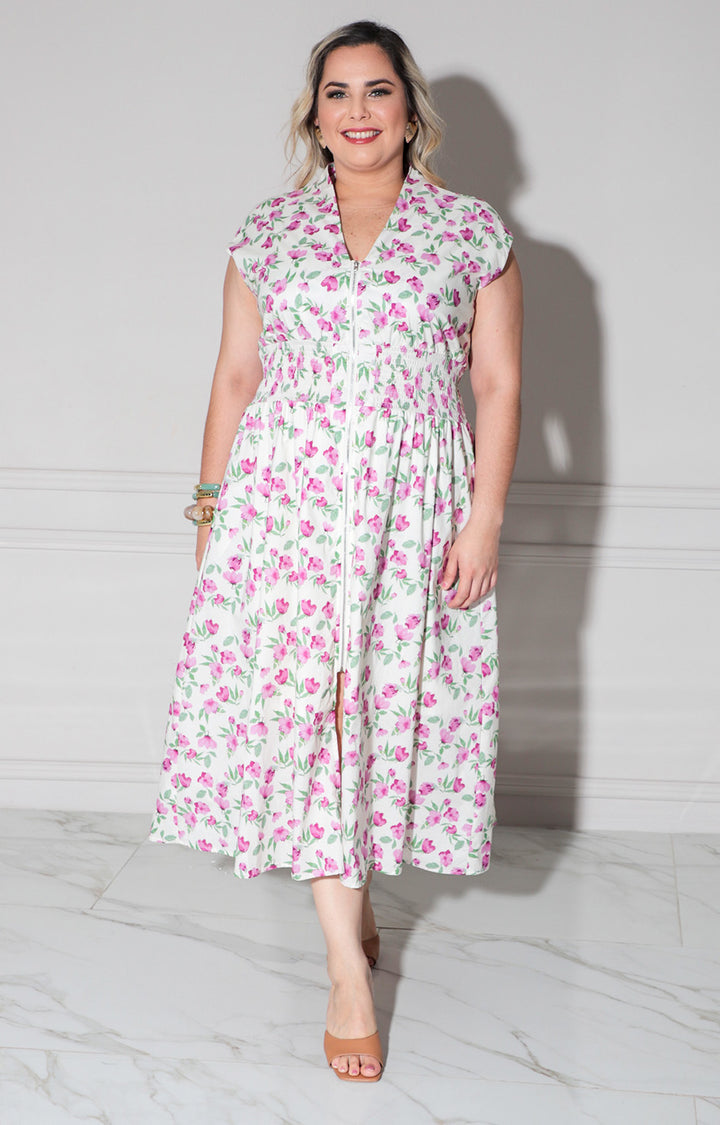 Vestido blanco estampado en rosa - VESTIDO LARGO CURVY Boutiquemirel 