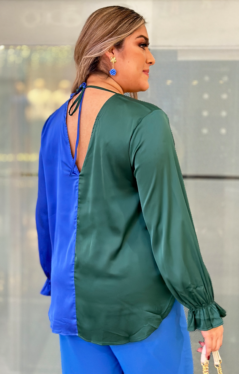 Blusa verde y azul satinada - Boutiquemirel
