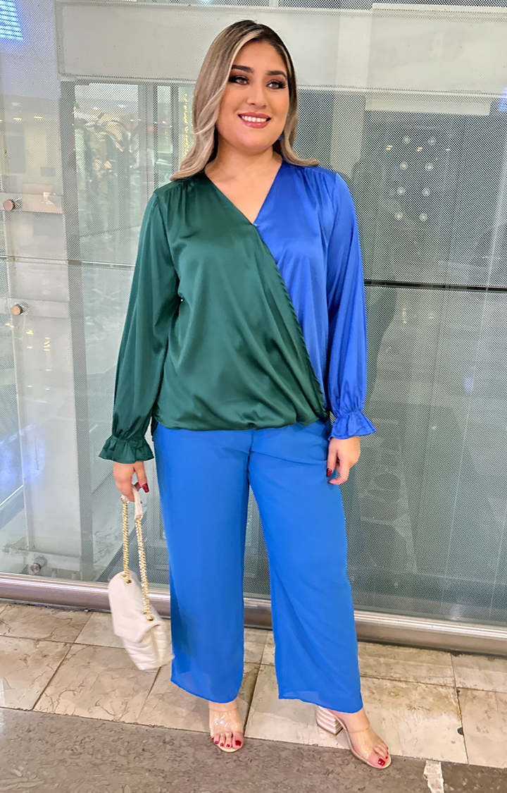 Blusa verde y azul satinada - Boutiquemirel